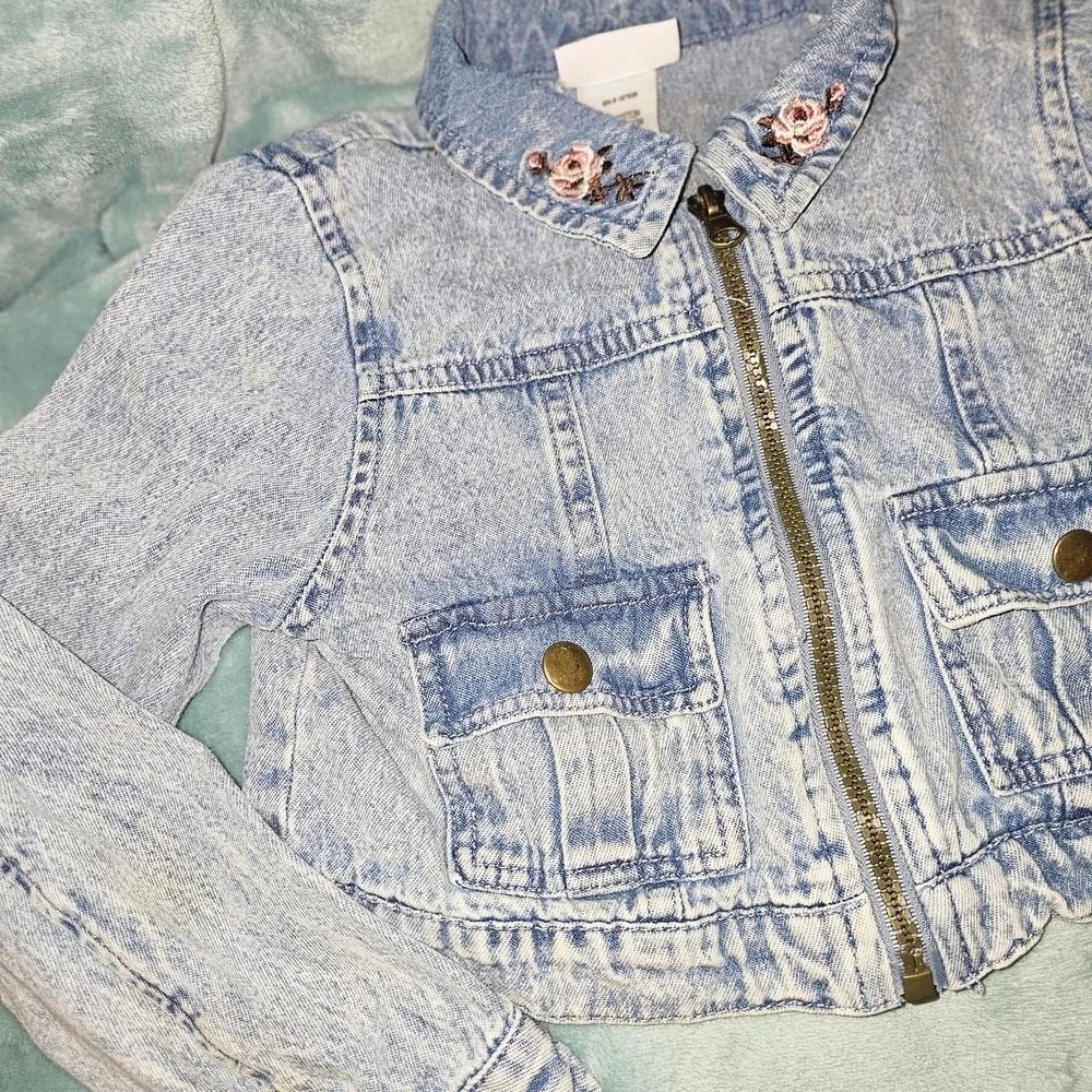 Kids Little Lass Blue Cropped Jean Jacket with Distressed Texture